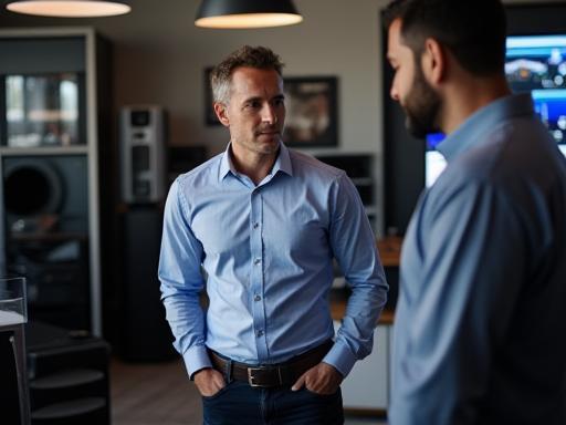 A focused team member at Gulf Sound Systems discussing audio solutions with a client in a modern showroom